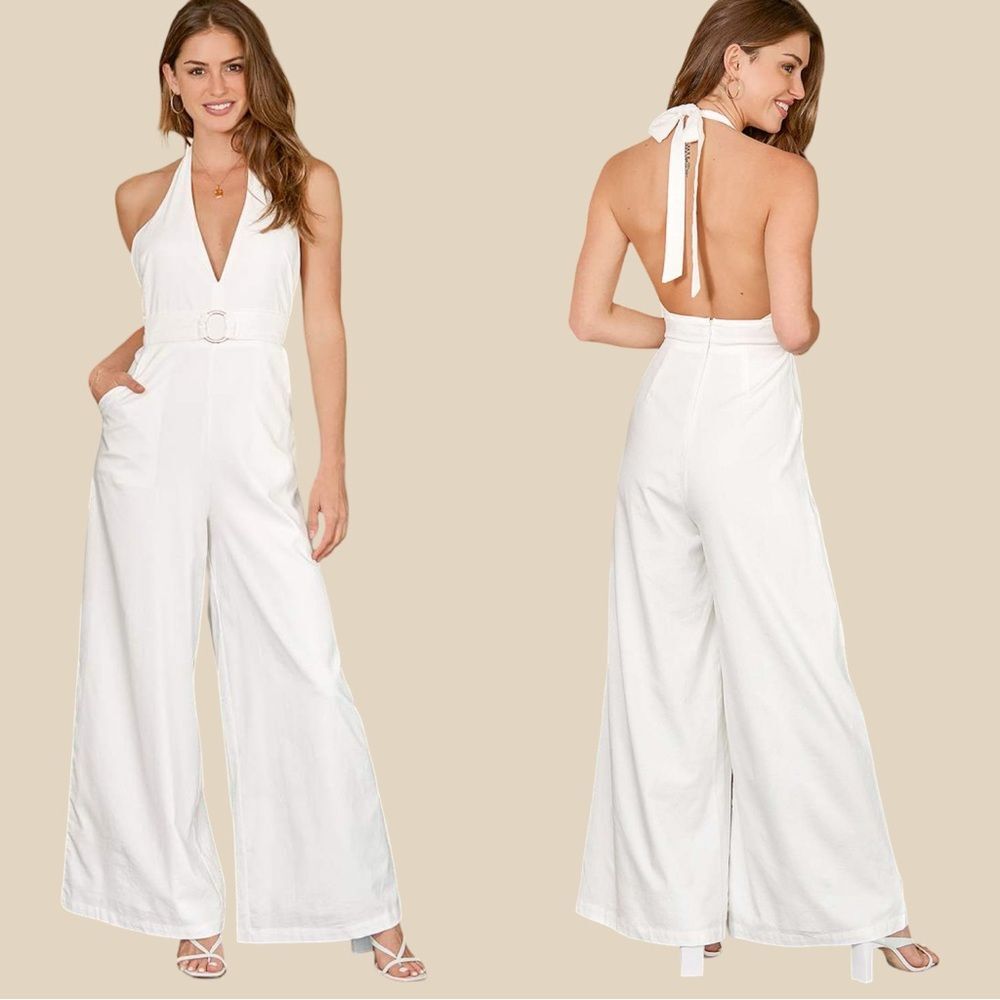 Lulus Ring-a-Ding-Ding Linen Blend Halter Wide-Leg Jumpsuit in White | Medium